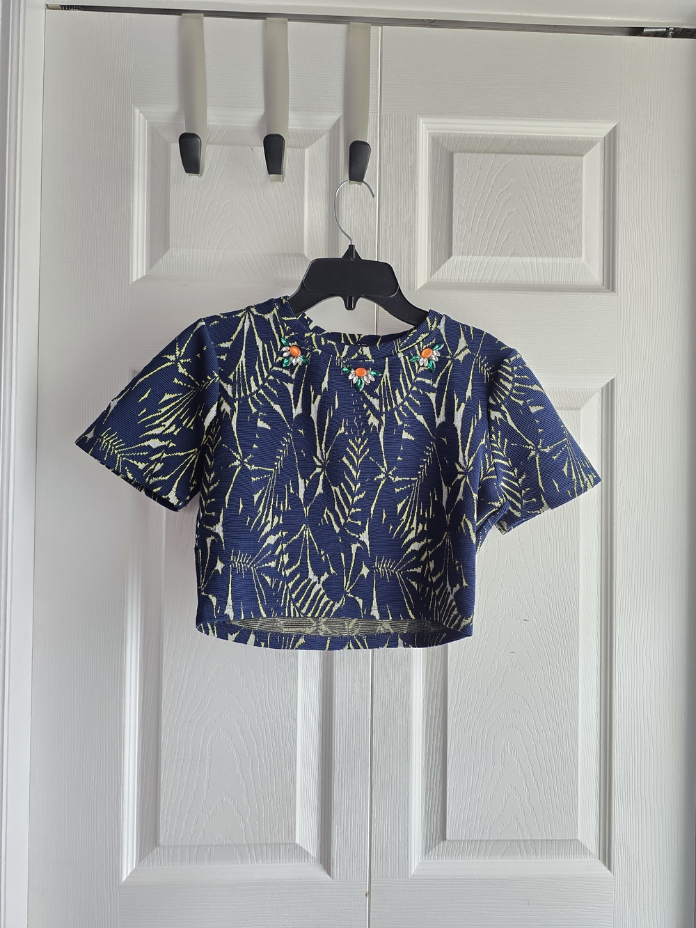 Zara Navy Cropped Tee with Green Palm Print and Beaded Neckline Size S